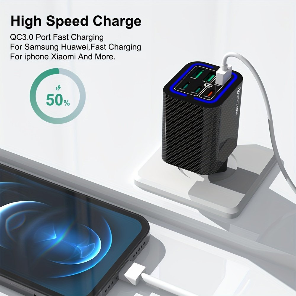 50W 3PD + 3USB 6 ports Mobile Phone Fast Charging Adapter, EU Plug USB Type C QC Qiuck Charge Adapter, Portable Convenient Travel Charger Wall Charger - Image 6