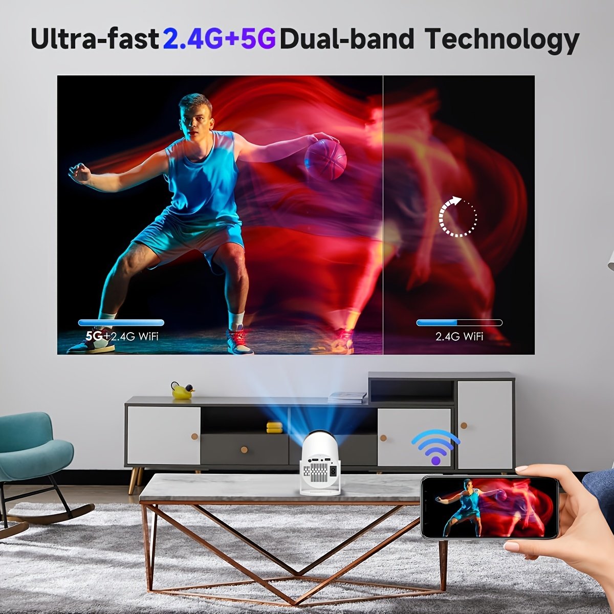 XYA Ultra HD Projector 4K/1080P, 3.3meter Wireless Portable Mini Projector with Remote, Table Mount, LCD, 16:9 Aspect Ratio, 220-240V, Smartphone/Tablet Connectivity, Wi-Fi BT5.2, European Standard Plug, for Home Theater - Image 4