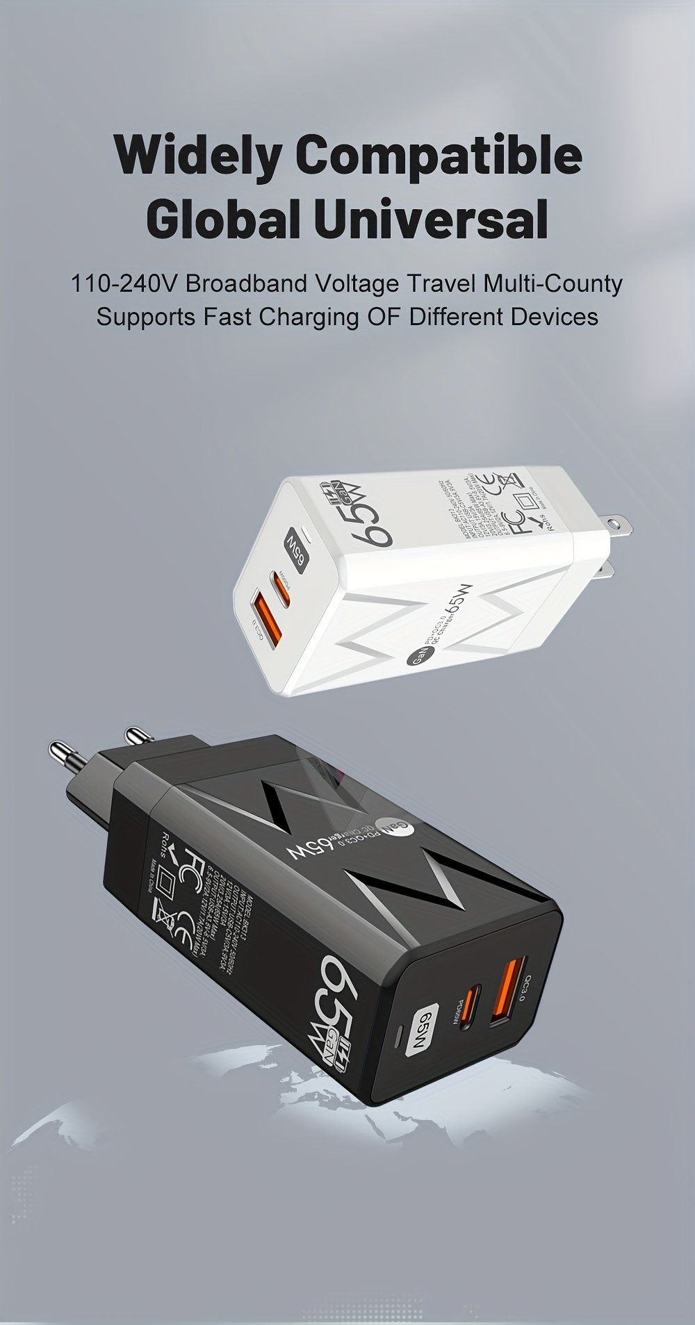 PD 65W + USB 20W GaN Charger Dual Ports USB C EU Plug Wall Charger, Type-C QC3.0 Mobile Phone Fast Charging Adapter, 2 Ports Protable Travel Charger - Image 18