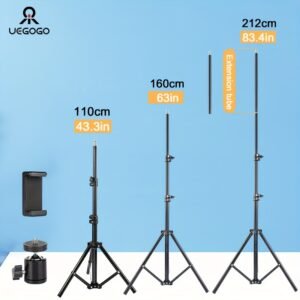 1pc UEGOGO 83.4" Iron Extendable Photography Tripod Stand with 1/4" Screw, Portable Adjustable Tripod for Cell Phone Photography, Video Recording, Live Streaming, Includes Tripod Stand and Phone Clip