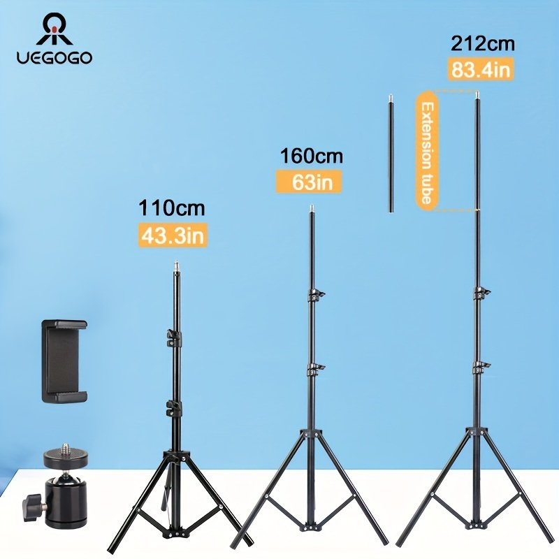 1pc UEGOGO 83.4" Iron Extendable Photography Tripod Stand with 1/4" Screw, Portable Adjustable Tripod for Cell Phone Photography, Video Recording, Live Streaming, Includes Tripod Stand and Phone Clip