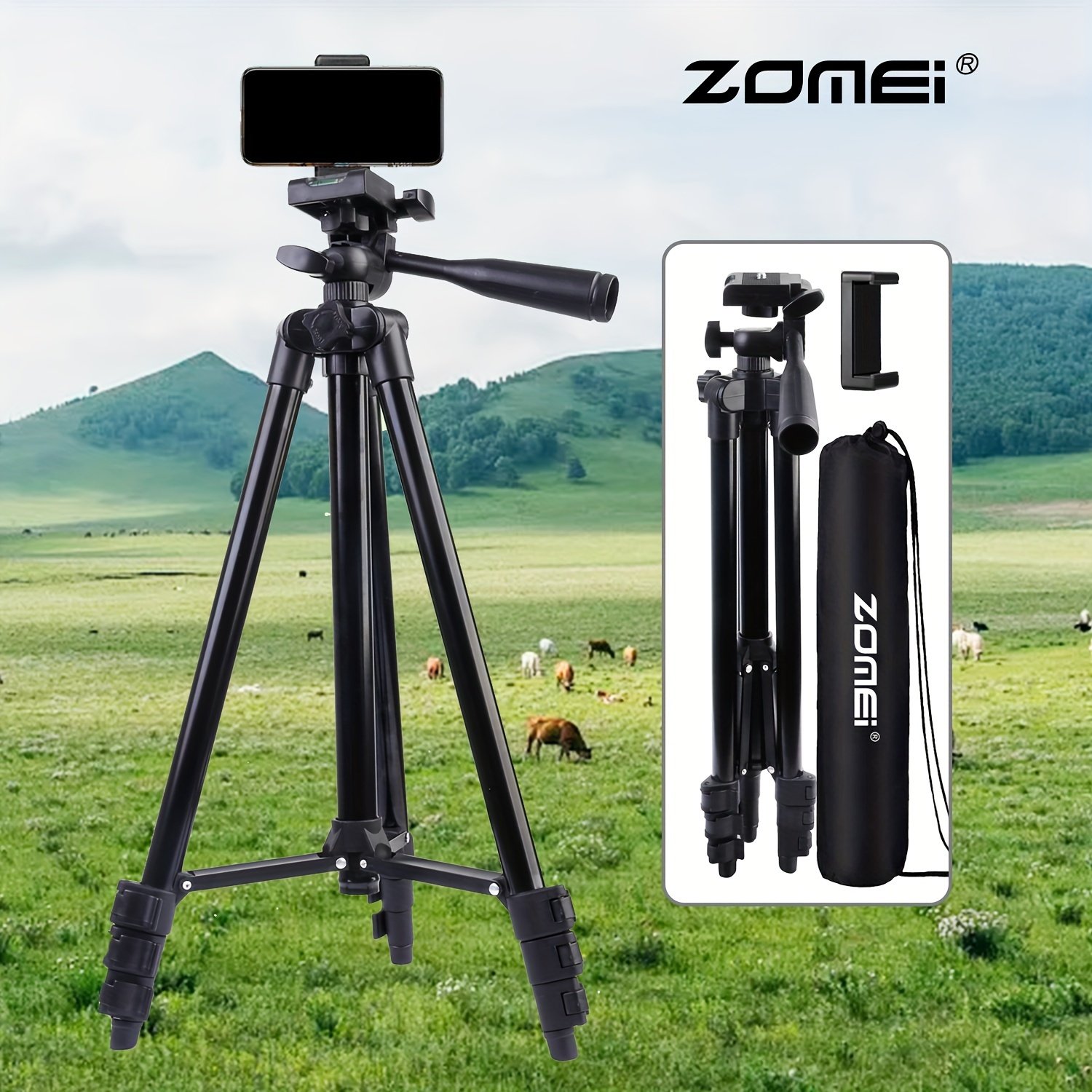 ZOMEI 139.7cm Black Aluminum Tripod with Phone Clip & Carry Bag - Adjustable, Portable Stand for Live Streaming, Vlogging | Compatible with Phones, Cameras, Mini Ring Lights, Perfect for Christmas Gifts, Holiday Office, Bedroom, Hotel, Party, Restaurant D
