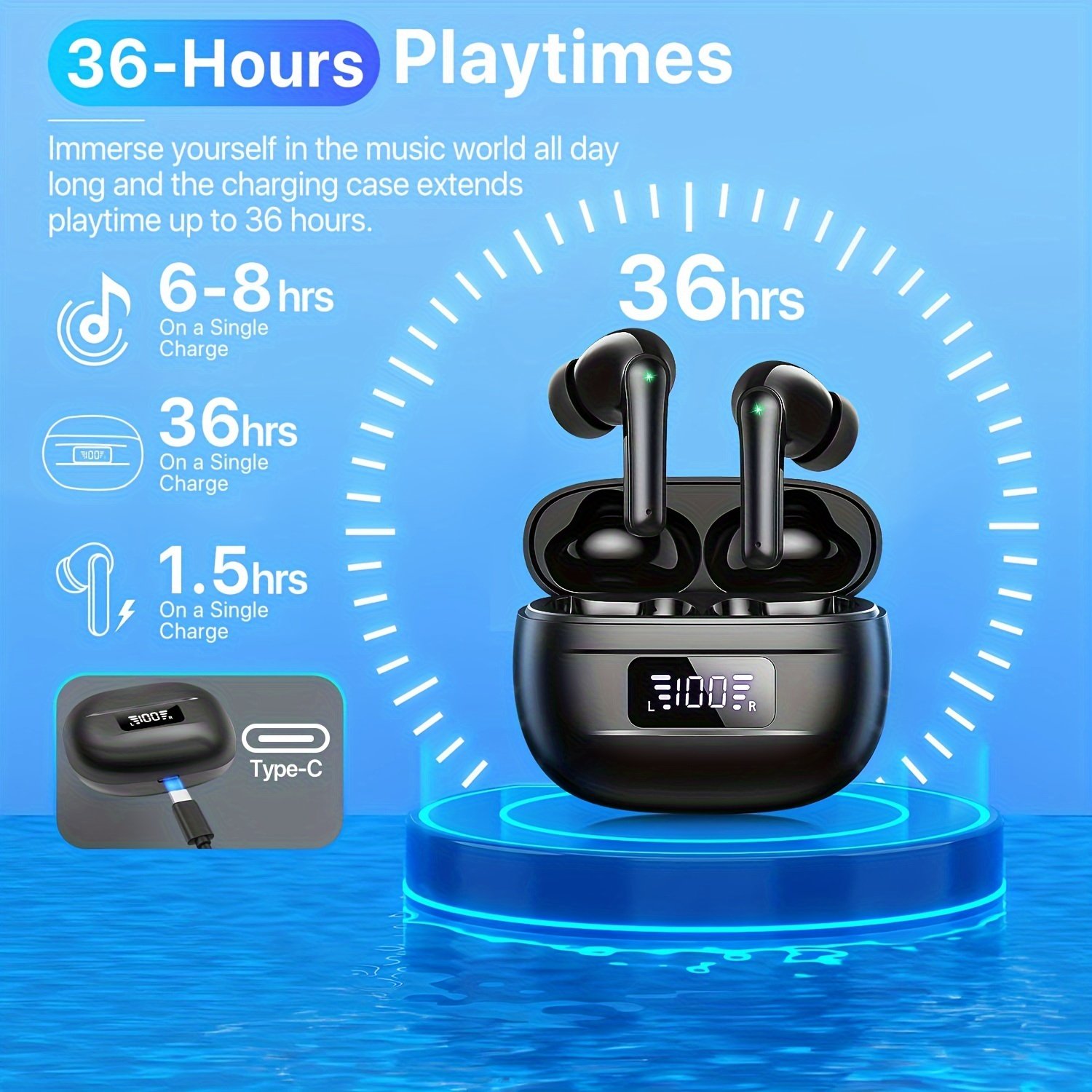 Wireless Earbuds, Bass Stereo Earbuds, Earbuds with Noise-Cancelling Microphone LED Display, In-Ear Earbuds, 36 Hour Playback Time, for Laptops and Mobile Phones, Sports & Fitness, Black. - Image 3