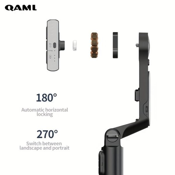 QAML A6 2024 Handheld Gimbal Stabilizer with Selfie Stick Tripod Stand, Wireless Wireless Remote, 1-Axis for Smartphone, 400mAh Rechargeable Lithium Polymer Battery, USB Charging, ABS Material, Compatible with iPhone & Android Devices - Image 4