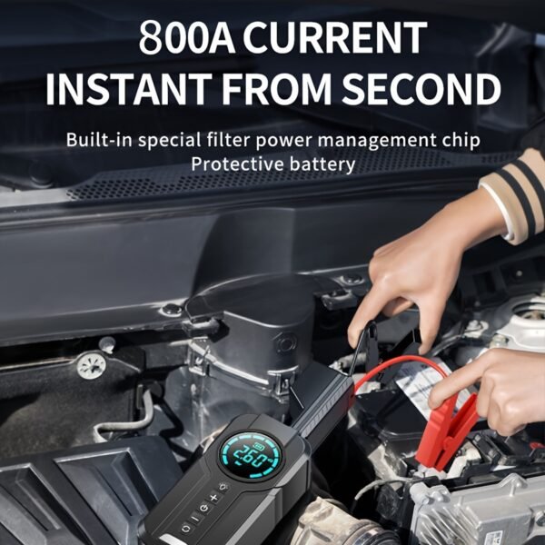 8000mAh Emergency Car Jump Starter Power Bank with Digital Display, Portable USB-C Charging Air Compressor, 12 Safety Protections, Fast Inflation in 10 Seconds, Rechargeable Lithium Polymer Battery for Tire Inflation and Multi-Functional Lighting - Image 4