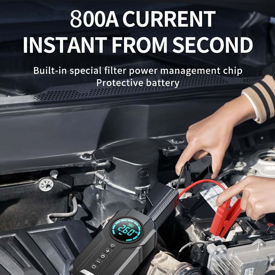 8000mAh Emergency Car Jump Starter Power Bank with Digital Display, Portable USB-C Charging Air Compressor, 12 Safety Protections, Fast Inflation in 10 Seconds, Rechargeable Lithium Polymer Battery for Tire Inflation and Multi-Functional Lighting - Image 4