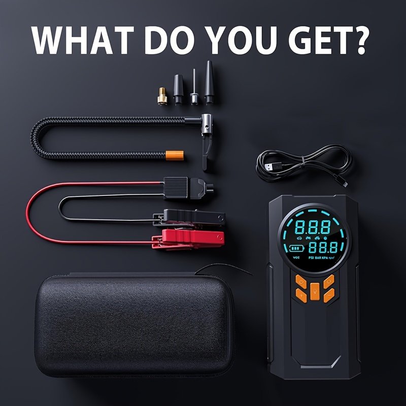 1pc 5-in-1 Portable Car Jump Starter with Air Compressor, 150PSI Digital Tire Inflator, Battery Charger for 9.99 L Gas or 9.01 L Diesel, USB Rechargeable Lithium Battery, 8000mAh, 12V 1000A Peak Power - Image 2