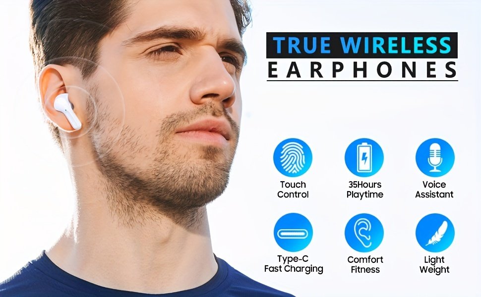 Wireless V5.3 Earbuds with 400mAh Charging Case - Hi-Fi Stereo Sound, Noise-Canceling Mic, 35-Hour Playtime, USB-C Fast Charge, Touch Control for Running, Office & Cycling - White, Workout Earbuds|Modern Earbuds|Digital Display Case, Wireless Earbuds - Image 10