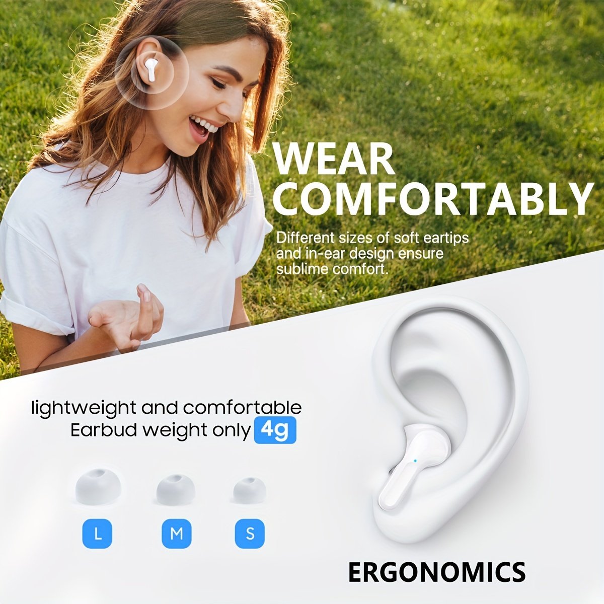 Wireless V5.3 Earbuds with 400mAh Charging Case - Hi-Fi Stereo Sound, Noise-Canceling Mic, 35-Hour Playtime, USB-C Fast Charge, Touch Control for Running, Office & Cycling - White, Workout Earbuds|Modern Earbuds|Digital Display Case, Wireless Earbuds - Image 5