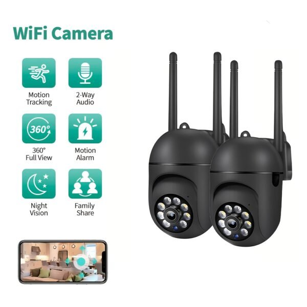 2-Pack 1080P HD Security Cameras with PTZ, Full Color Night Vision, Spotlight, Siren, 2-Way Audio, Motion Tracking, Compatible with Alexa, Wi-Fi Enabled, Wall Mount, USB Powered, Indoor/Outdoor Surveillance System - Image 2
