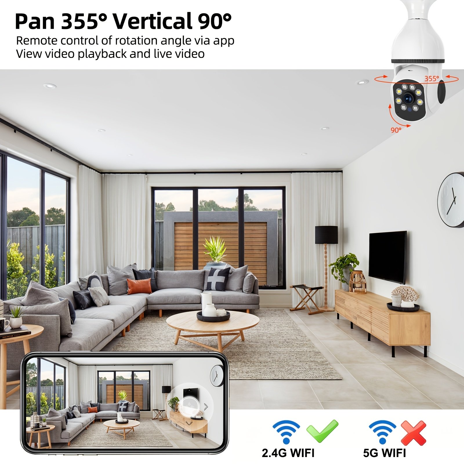 WJG 5G WiFi Smart Light Bulb Camera - E27 Fit, 360° Rotation, Auto-Tracking, Panoramic View, Wireless PTZ, Infrared Night Vision, Motion Detection, Two-Way Audio, Easy Setup - Image 10