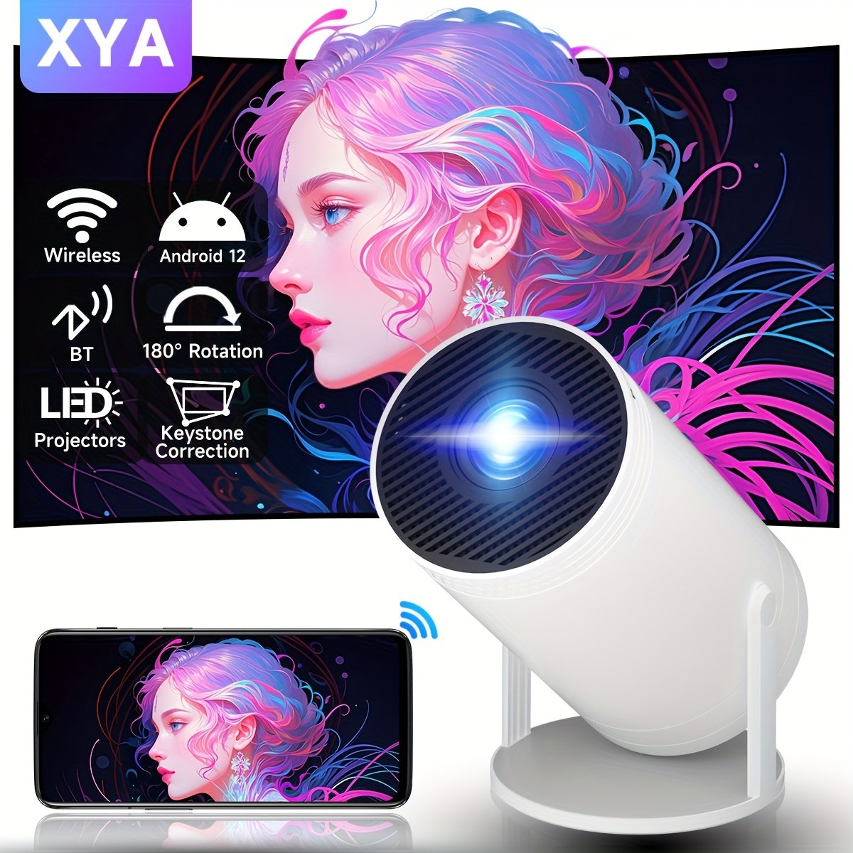 XYA Portable Mini Projector - for Android 12, Wireless 5.2 & WiFi 6, 4K/1080P Hardware Decoder, 130ANSI Brightness, Auto Keystone Correction, Fast Focus for Smartphones, PCs & Home Theater - Sleek Design with Remote Control - Image 2