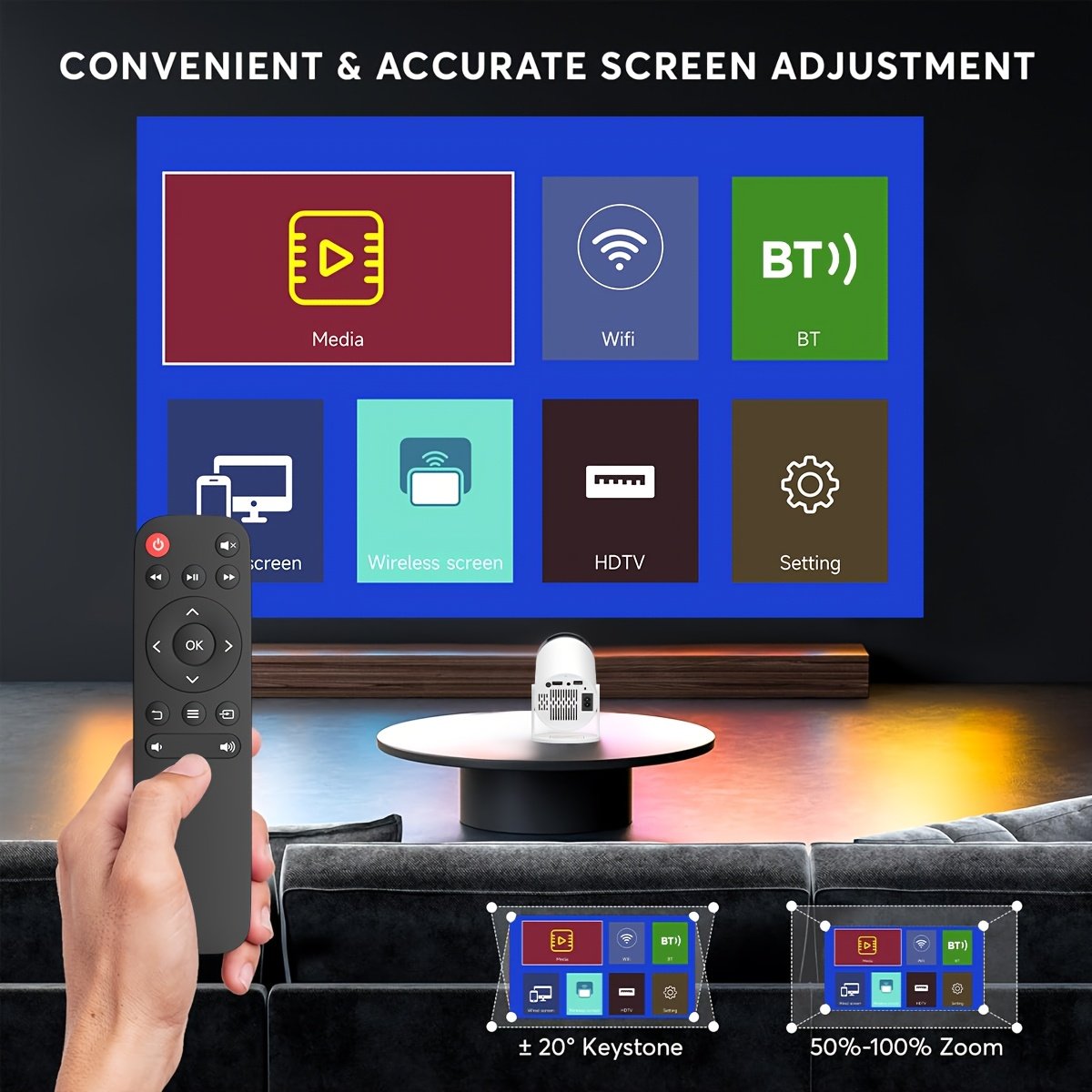 XYA Ultra HD Projector 4K/1080P, 3.3meter Wireless Portable Mini Projector with Remote, Table Mount, LCD, 16:9 Aspect Ratio, 220-240V, Smartphone/Tablet Connectivity, Wi-Fi BT5.2, European Standard Plug, for Home Theater - Image 3