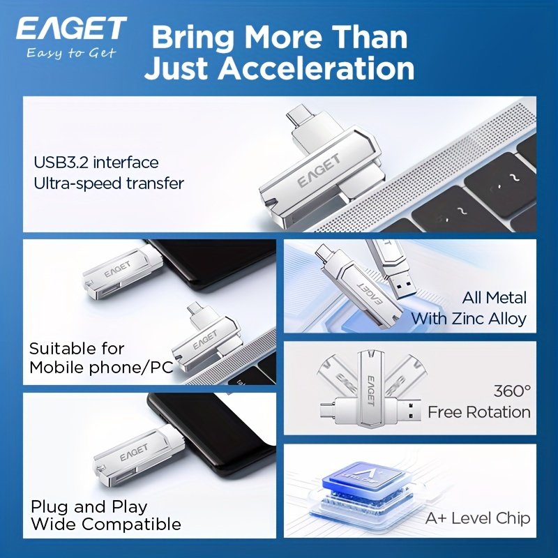 EAGET USB3.2 Flash Drive OTG 1TB Metal U Disk 360° rotates USB Memory Stick 512GB High Speed Memory Stick Pen Drive 32GB 64GB 128GB 256GB USB-A Or Typc-C Flash Drive Disk - Image 8