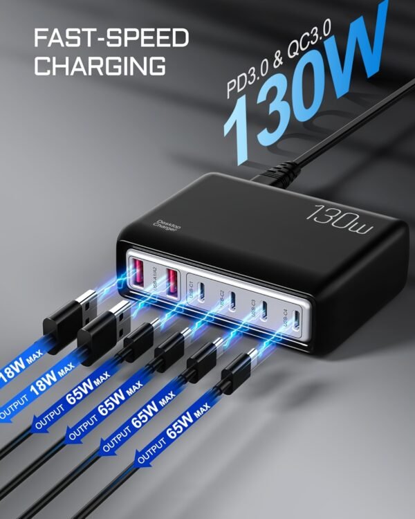 1pc 130W Cell Phone Electronics Charger Multi-functional Quick Charging Station with 2-Port QC 3.0 USB 4-Port Type-c Quick Charger for Smartphones, Laptops, Watches And Other USB Devices - Image 11
