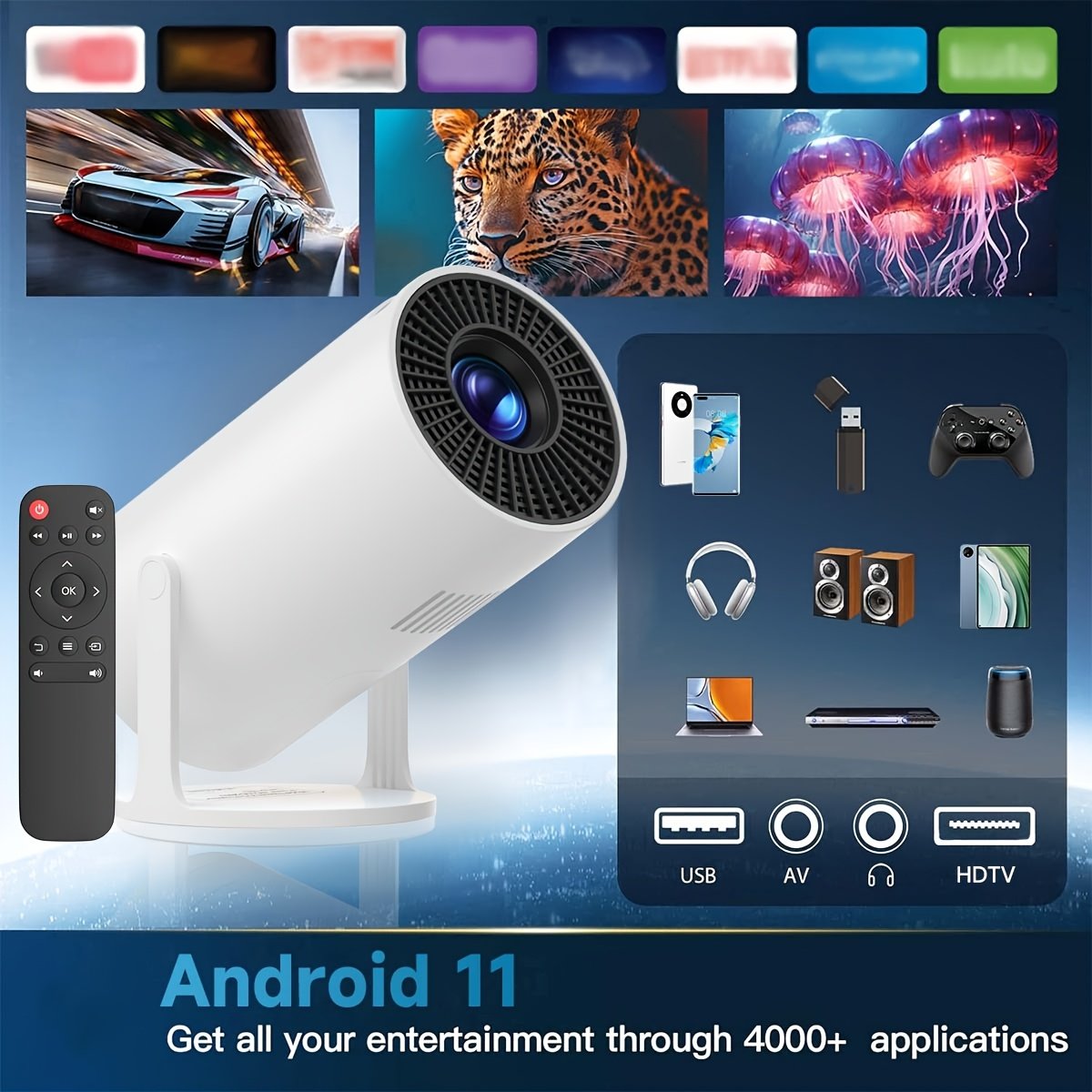 1pc Ultra HD Mini Projector, 4K 150 ANSI, 16:9 Aspect Ratio, 1280x720 HD Resolution, Portable 180° Rotatable, with 5G WiFi & BT5.2, Android 11 OS, Remote Control, Compatible with Smartphones & Laptops, No Battery, for Home Theater, EU Plug - Image 5