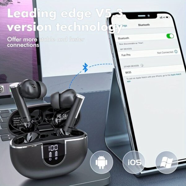 Wireless Stereo Earbuds with LED Power Display, in-Ear Earphones with Wireless Charging Case, ENC Noise Cancelling Headphones, Sport Headset with Mic for Smartphone - Image 3