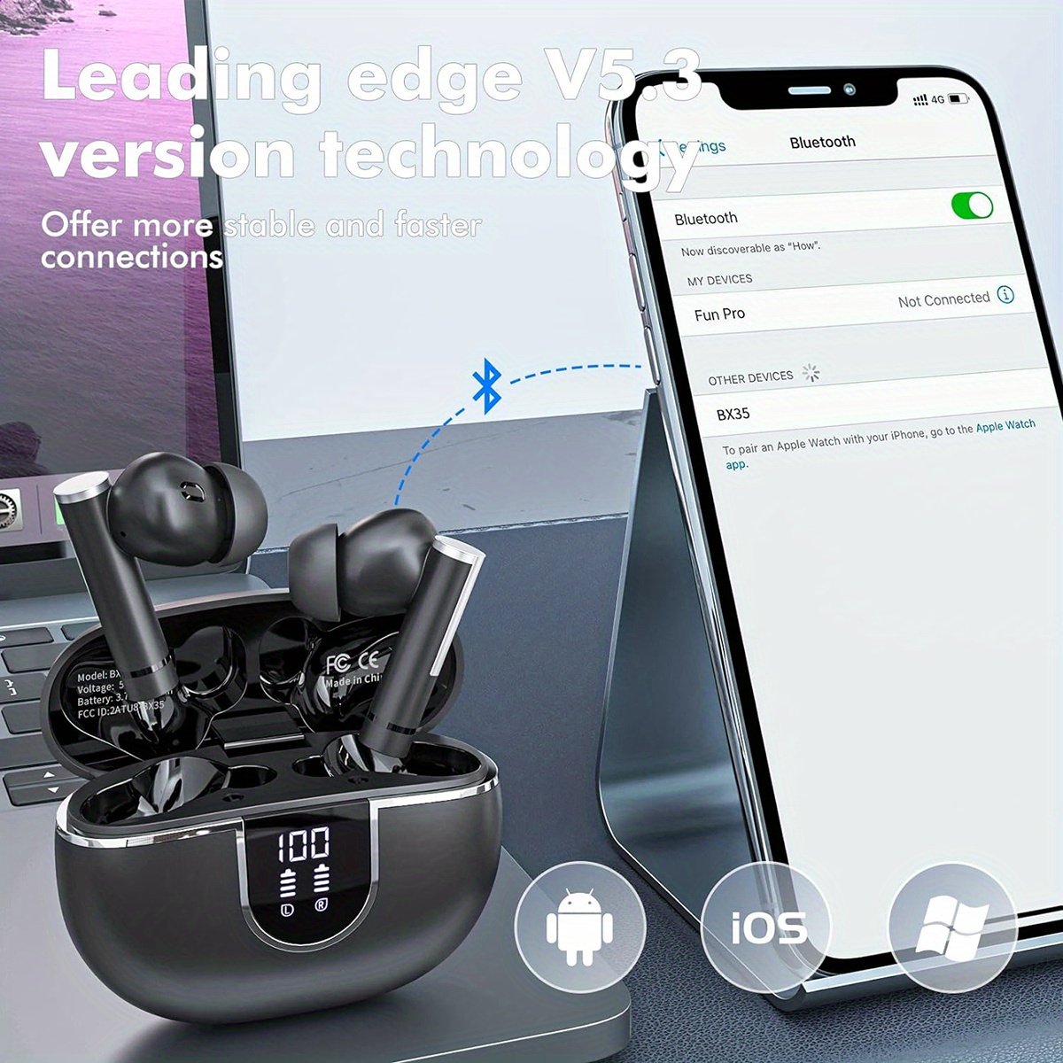 Wireless Stereo Earbuds with LED Power Display, in-Ear Earphones with Wireless Charging Case, ENC Noise Cancelling Headphones, Sport Headset with Mic for Smartphone - Image 3