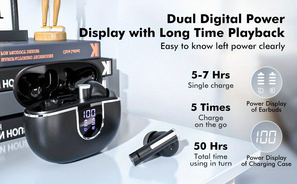Wireless Stereo Earbuds with LED Power Display, in-Ear Earphones with Wireless Charging Case, ENC Noise Cancelling Headphones, Sport Headset with Mic for Smartphone - Image 16