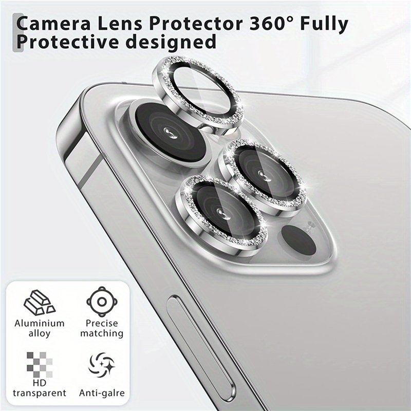 Silvery Sparkling Rhinestone Protective Film Is Suitable For IPhone 15/ 14/ 13/ 12/ 11 Promax/ Plus Rear Camera Lens Circle Camera Film - Image 2