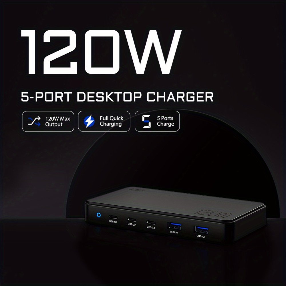1pc 120W GAN Cell Phone Electronics Charger Multi-functional Quick Charging Station with 2 Ports QC 3.0 USB 3 type-c Quick Charger for Smartphones, Laptops, Watches and Other USB Devices - Image 5