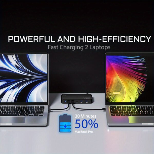 1pc 120W GAN Cell Phone Electronics Charger Multi-functional Quick Charging Station with 2 Ports QC 3.0 USB 3 type-c Quick Charger for Smartphones, Laptops, Watches and Other USB Devices