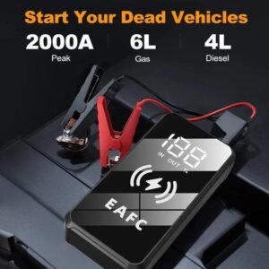 EAFC MultiFunction Portable Car Jump Starter with Wireless Charging Function, Rechargeable Lithium Battery-18650 Series, 10W Output Power, USB Charging, for 6.0L Gasoline Car 4.0L Diesel Car Starter