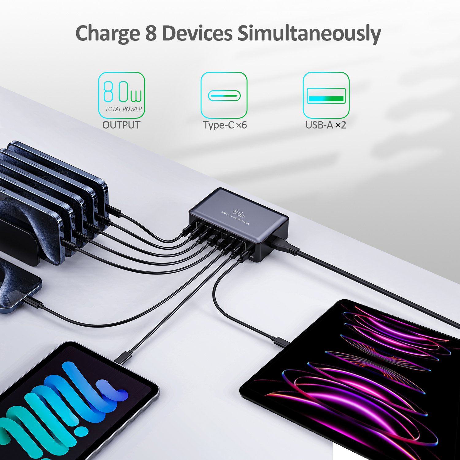 80W Multi-Port Fast Charger - Quick Charge Station with 2 USB QC 3.0 Ports & 6 Type-C Ports for Smartphones, Laptops, Watches | Compatibility | Ideal Holiday Gift - Image 10