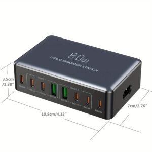80W Multi-Port Fast Charger - Quick Charge Station with 2 USB QC 3.0 Ports & 6 Type-C Ports for Smartphones, Laptops, Watches | Compatibility | Ideal Holiday Gift