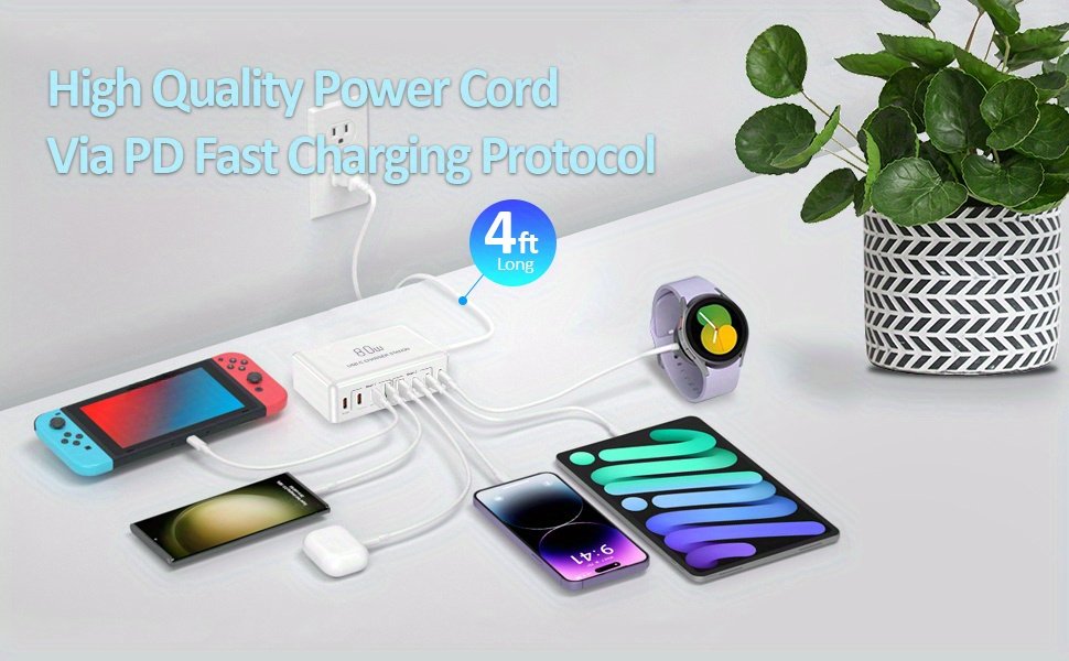 80W Multi-Port Fast Charger - Quick Charge Station with 2 USB QC 3.0 Ports & 6 Type-C Ports for Smartphones, Laptops, Watches | Compatibility | Ideal Holiday Gift - Image 13