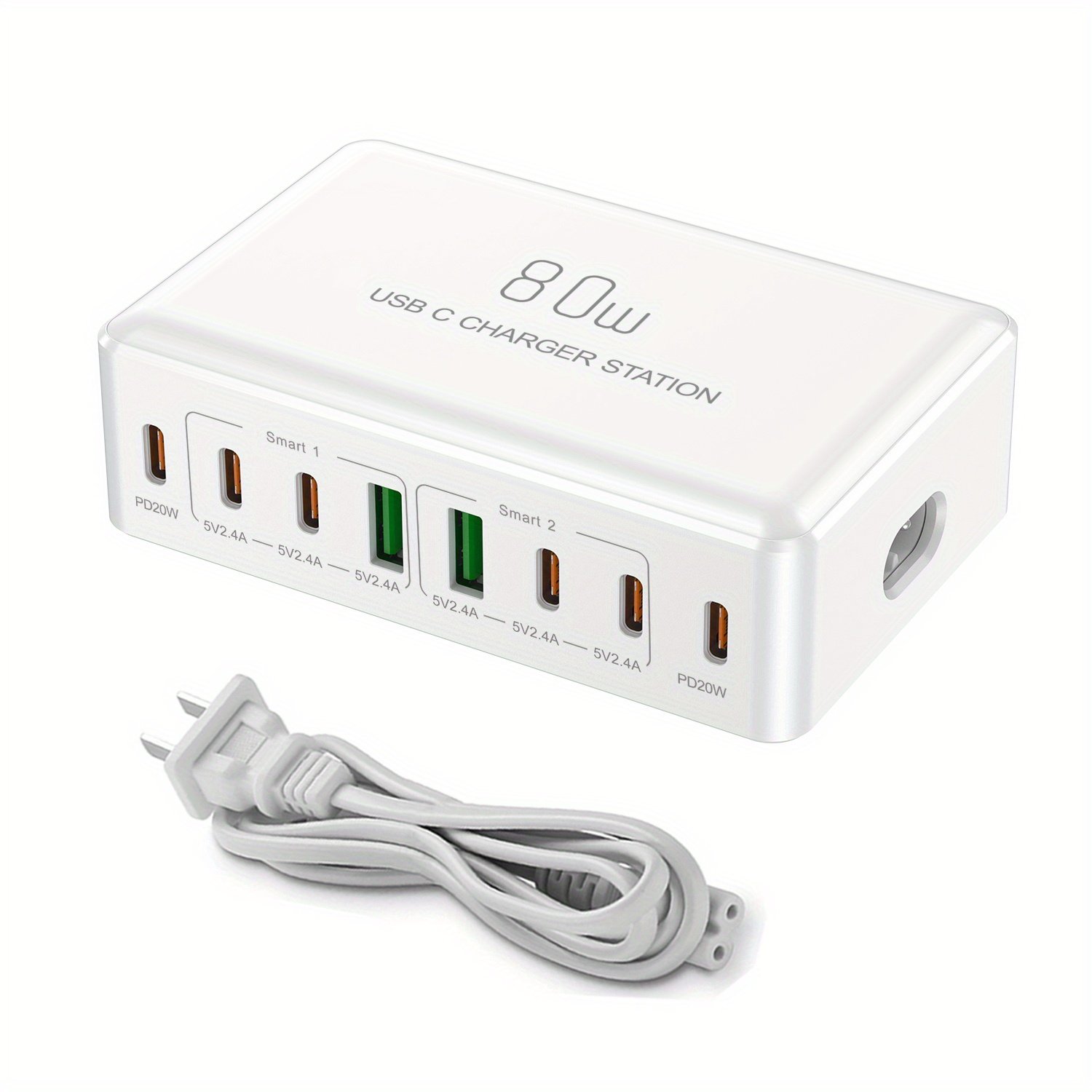 80W Multi-Port Fast Charger - Quick Charge Station with 2 USB QC 3.0 Ports & 6 Type-C Ports for Smartphones, Laptops, Watches | Compatibility | Ideal Holiday Gift - Image 6