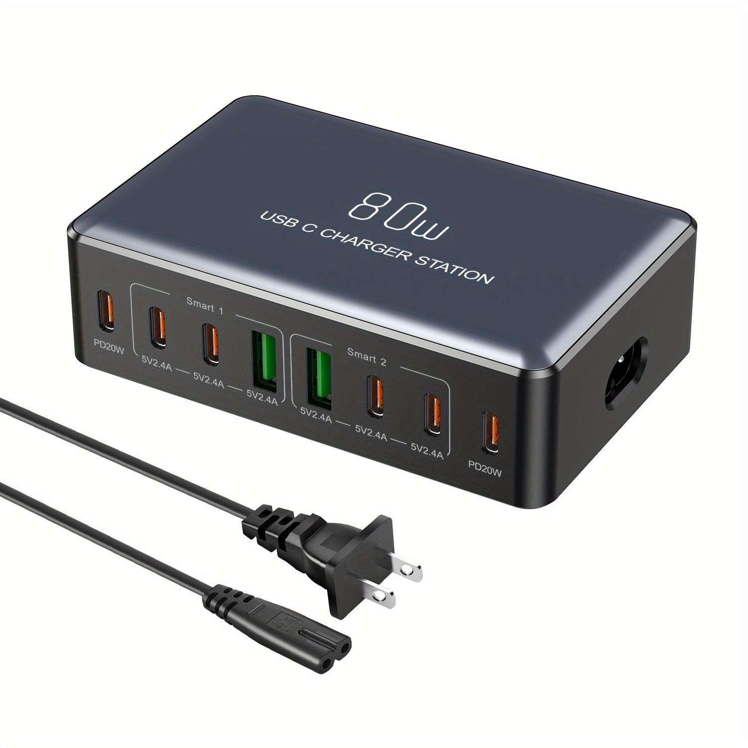 80W Multi-Port Fast Charger - Quick Charge Station with 2 USB QC 3.0 Ports & 6 Type-C Ports for Smartphones, Laptops, Watches | Compatibility | Ideal Holiday Gift - Image 2