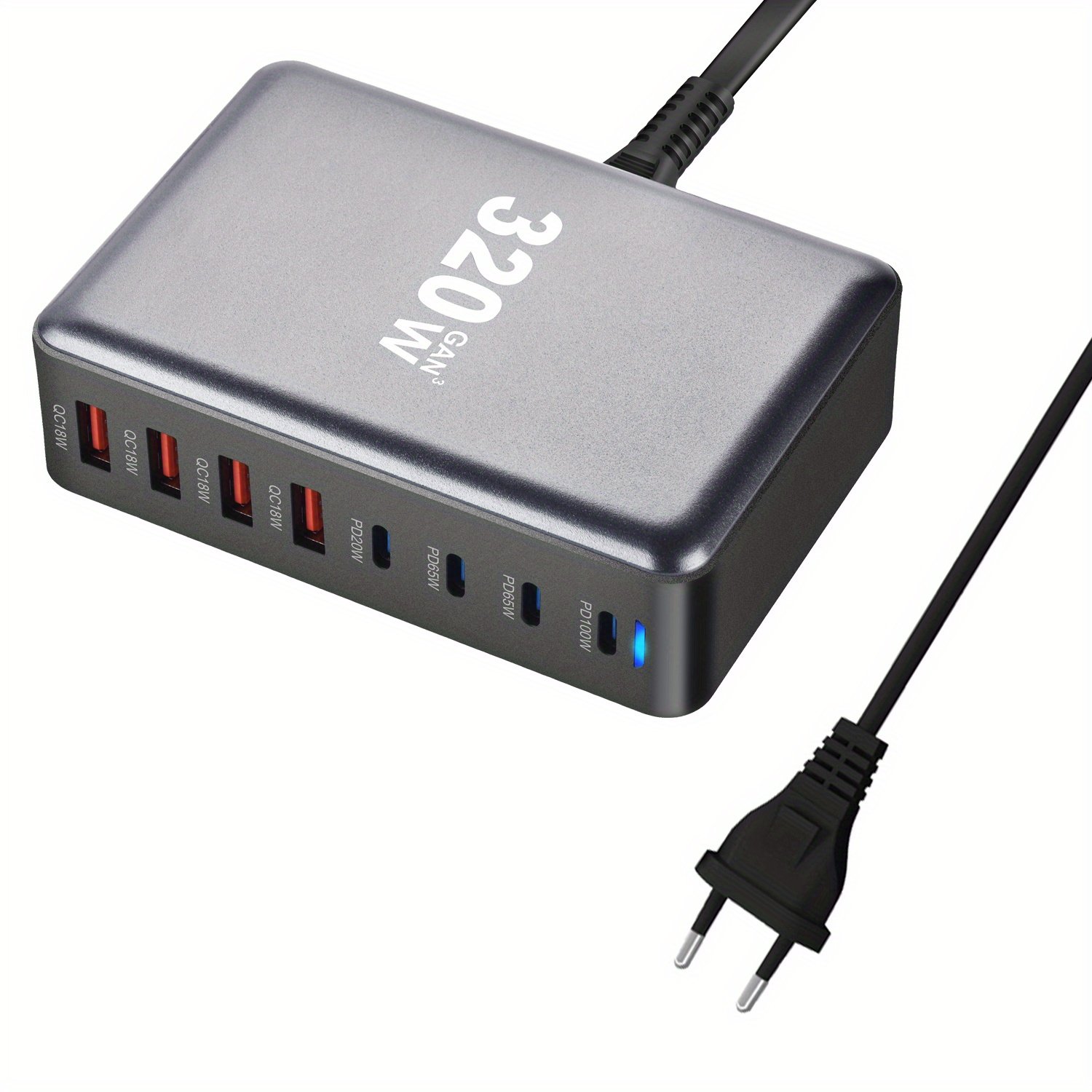 1 pc320w high power multi-port charger with European standard plug with 4 USB and 4 type-c ports multiple charging ports car charger fast cell phone charger with LED charging indicator charging station - Image 3