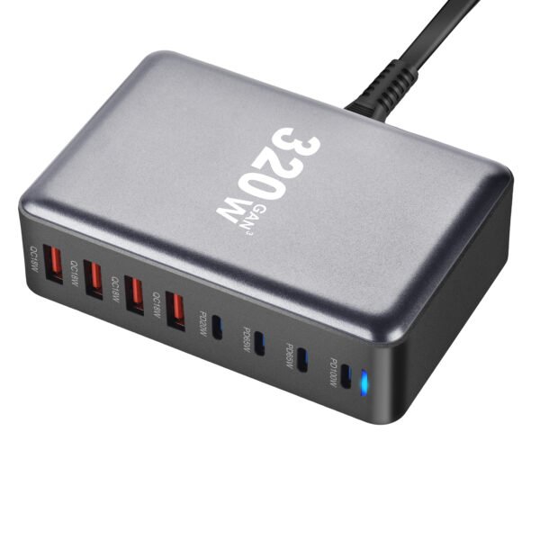 1 pc320w high power multi-port charger with European standard plug with 4 USB and 4 type-c ports multiple charging ports car charger fast cell phone charger with LED charging indicator charging station - Image 6