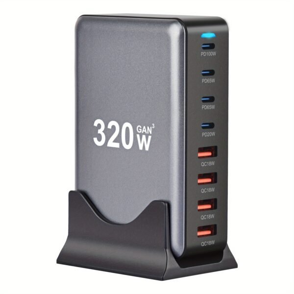 1 pc320w high power multi-port charger with European standard plug with 4 USB and 4 type-c ports multiple charging ports car charger fast cell phone charger with LED charging indicator charging station