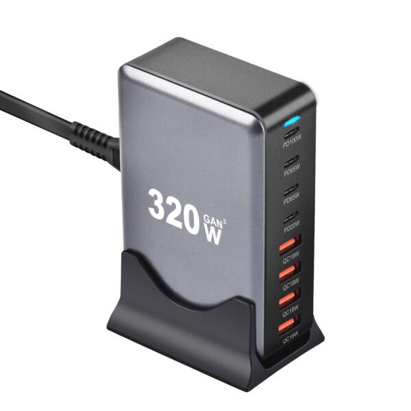 1 pc320w high power multi-port charger with European standard plug with 4 USB and 4 type-c ports multiple charging ports car charger fast cell phone charger with LED charging indicator charging station - Image 2