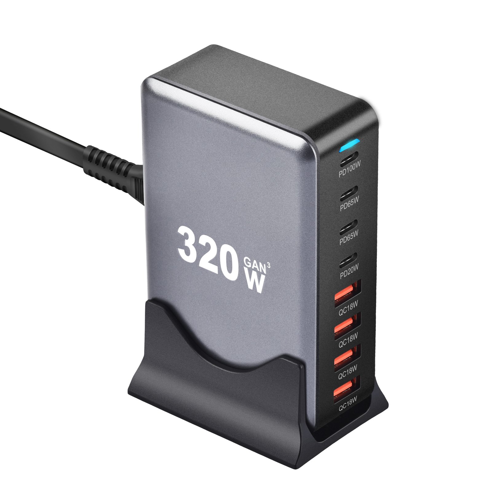 1 pc320w high power multi-port charger with European standard plug with 4 USB and 4 type-c ports multiple charging ports car charger fast cell phone charger with LED charging indicator charging station - Image 2