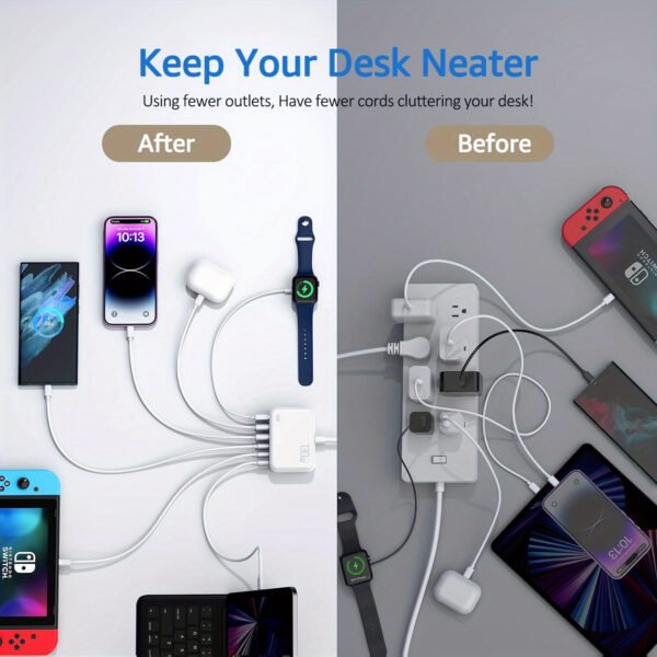 1pc 130W Cell Phone Electronics Charger Multi-functional Quick Charging Station with 2-Port QC 3.0 USB 4-Port Type-c Quick Charger for Smartphones, Laptops, Watches And Other USB Devices - Image 9