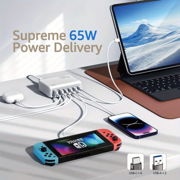 1pc 130W Cell Phone Electronics Charger Multi-functional Quick Charging Station with 2-Port QC 3.0 USB 4-Port Type-c Quick Charger for Smartphones, Laptops, Watches And Other USB Devices - Image 7
