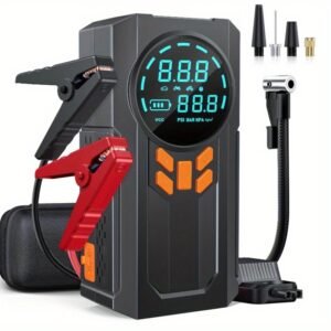 5-in-1 Portable Car Starter with Air Compressor, USB Charging Jump Starter Battery Booster, Digital Tire Inflator, Compatible with 8.52 L Gas or 7.0 L Diesel, Automatic Lithium Polymer Rechargeable Battery, ABS Material, Black