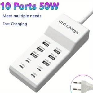 50W Fast Car Charger with 6 USB A & 4 Type-C Ports - Multi-Port Adapter, EU Plug, 10-Ports USB Charging Station 10A Multi Port USB C Hub Charger for Cellphone Tablet Multiple Devices Extension Socket