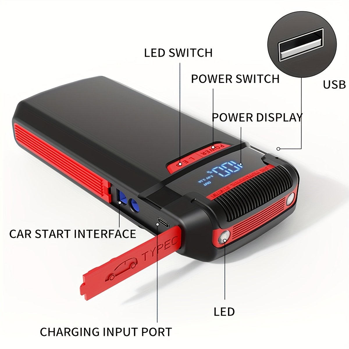 Portable 1000A Jump Starter for 6.0L Gas/3.0L Diesel, 12V Car Battery Jumper with USB Ports, 3 Mode Flashlight, LED Display, Digital, USB Type-C, Lithium Polymer Rechargeable Battery, ≤36V Operating Voltage, 10 Output Power - Image 4