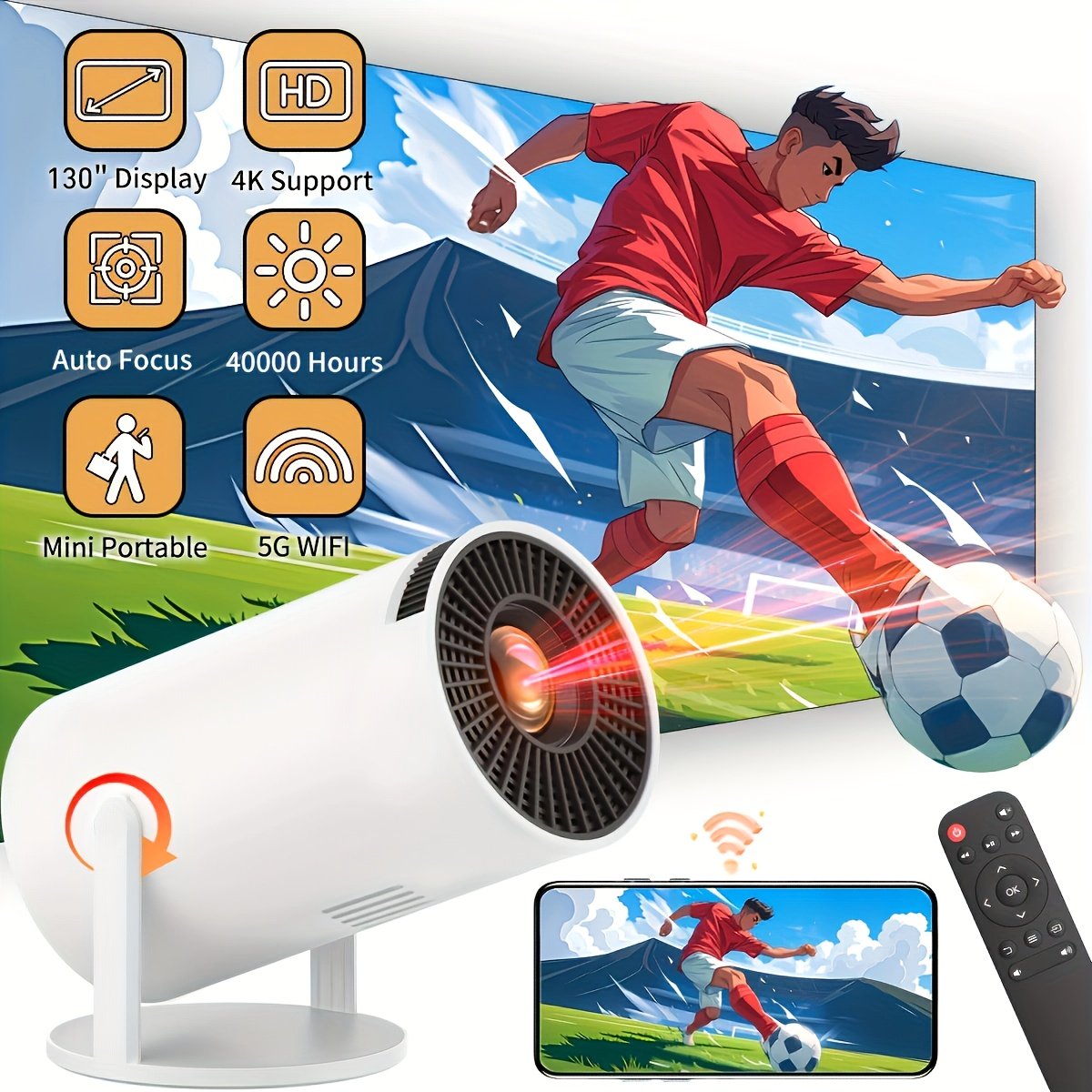 1 Ps-HD-1080P Portable Projector with European Plug - Supports Wireless 6 & Wireless 5.2, High Brightness & Surround Sound, HD 720P Resolution, Auto Focus & 4K Support for Exciting Sports Parties - Image 4