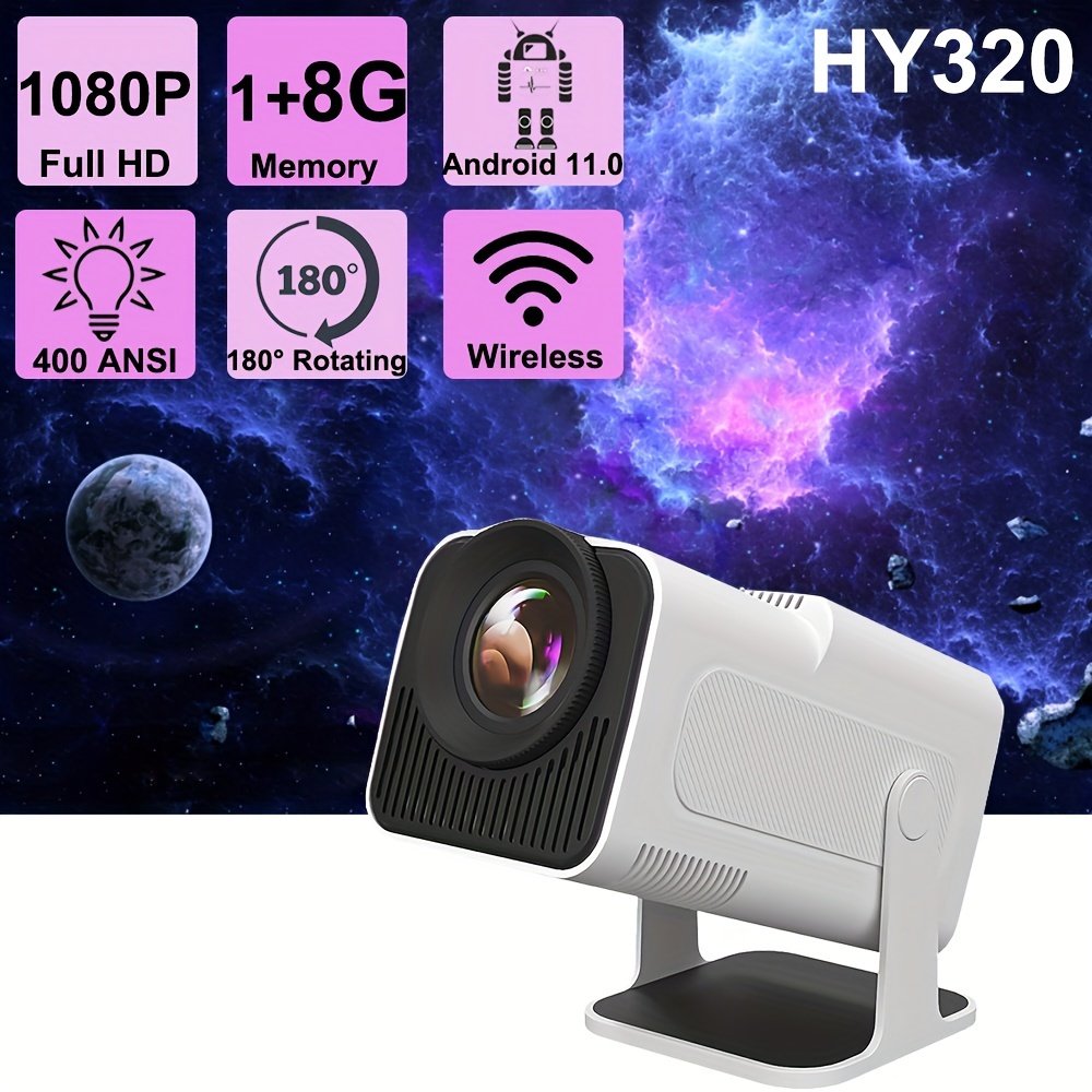 1pc HY320 Smart Mini Projector, 1080P Full HD LCD Display, 4K Decoding, 180° Adjustable Stand, Auto Keystone, Wireless & Wired Connection, Android 11, 110V/220V, Internet-Ready, No Battery, European Plug - Image 2