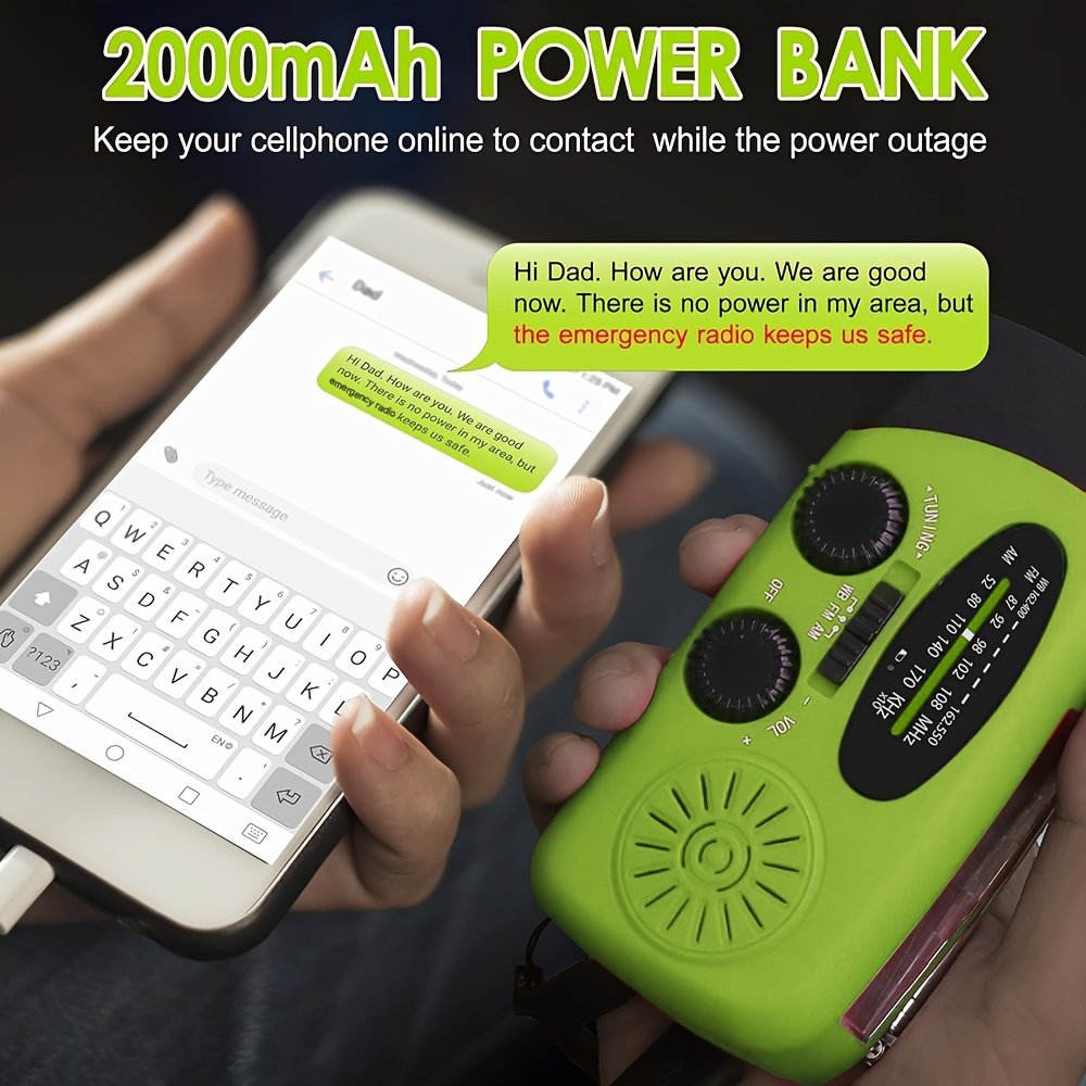 Portable Emergency Radio with Power Bank, 2000mAh Lithium Battery, AM/FM/NOAA Weather Band, Hand Crank & Solar Charging, USB Rechargeable, 3 LED Flashlight, Non-Waterproof, for Indoor Outdoor Camping - Image 8