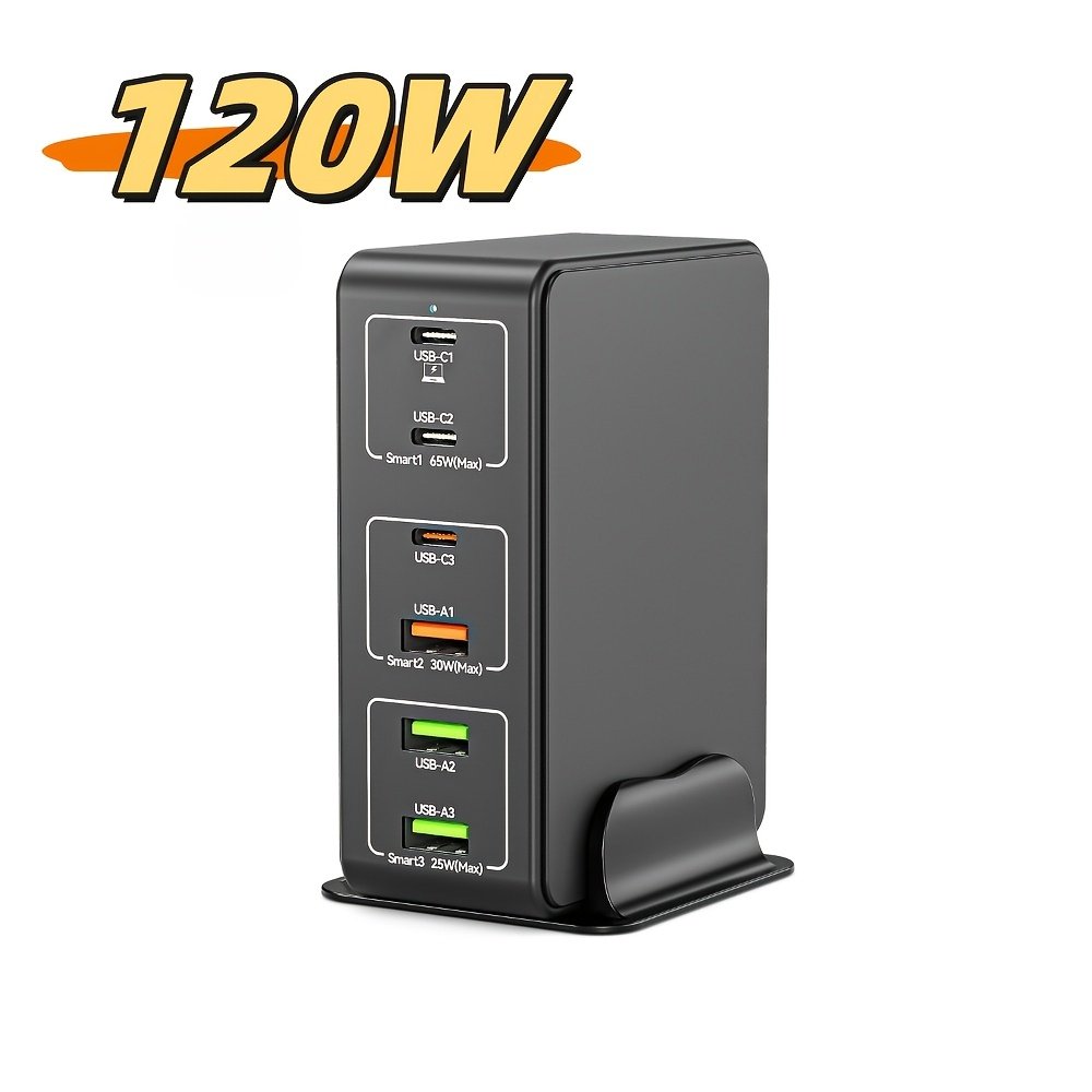 1pc FastChargePro 120W 6-Port USB Charger with 3 USB-C & 3 USB-A Ports, Multi-Device Fast Charging Station, Universal Compatibility, European Plug, 110V/220V Power Supply, for iPhone, iPad & More - Image 2