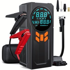8000mAh Portable Car Jump Starter with Digital Air Compressor - 3-in-1 Tire Inflator with LED Display, USB Charging, Rechargeable Lithium Polymer Battery, Multi-Function Emergency Flashlight, Wireless Air Pump for Vehicles