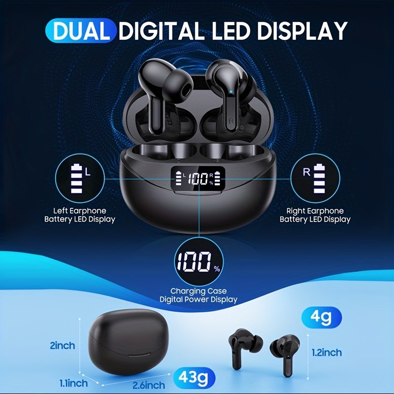 Wireless Earbuds with LCD Display, Touch Control, CVC 8.0 Noise Cancelling, Condenser Mic, Type-C Charging, Non-Waterproof Plastic Headphones for Exercise & Audio Surveillance, Compatible with Cellphones - Image 2