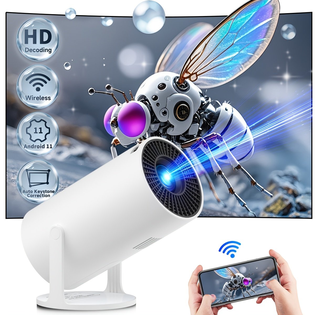 Portable Mini Projector with Built-in Android 11.0, 150ANSI Lumens, WiFi6, 180° Rotatable, Table Mount, Remote Control, HD 720p, 16:9 Aspect Ratio, Compatible with Smartphone/USB, for Home Theater, Party, Christmas Gift - Image 2