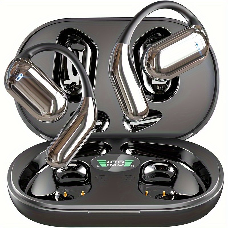 Wireless Headphones with Open Ear Design, Sport Earbuds Featuring Touch Volume Control, Built-In Microphone, And Ear Hooks. They Offer 50 Hours of Playtime And Come with an LED Display Charging Case, Ideal for Running And Fitness, Available in Black And W